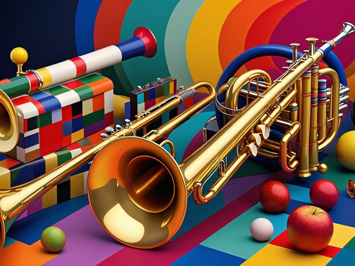 Vibrant Still Life with Brass Instruments and Fruit