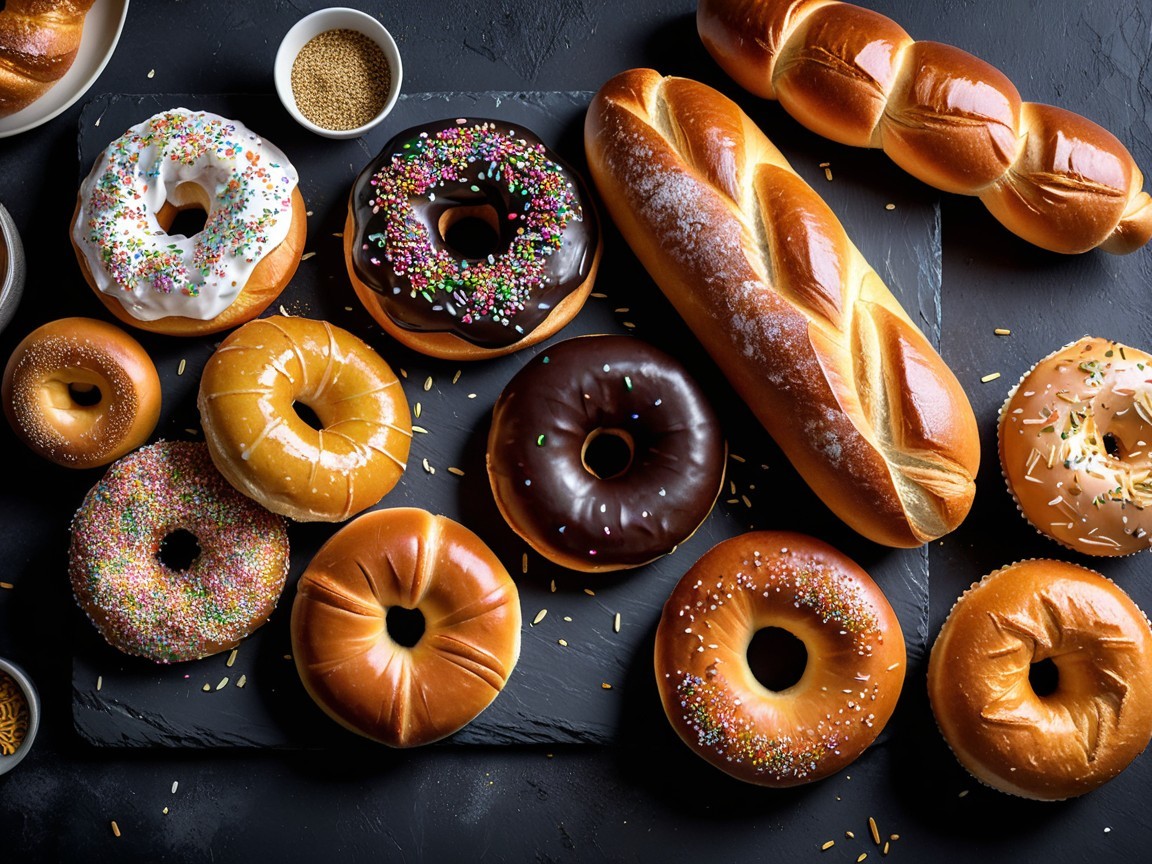 Freshly Baked Donuts and Bread Assortment Display