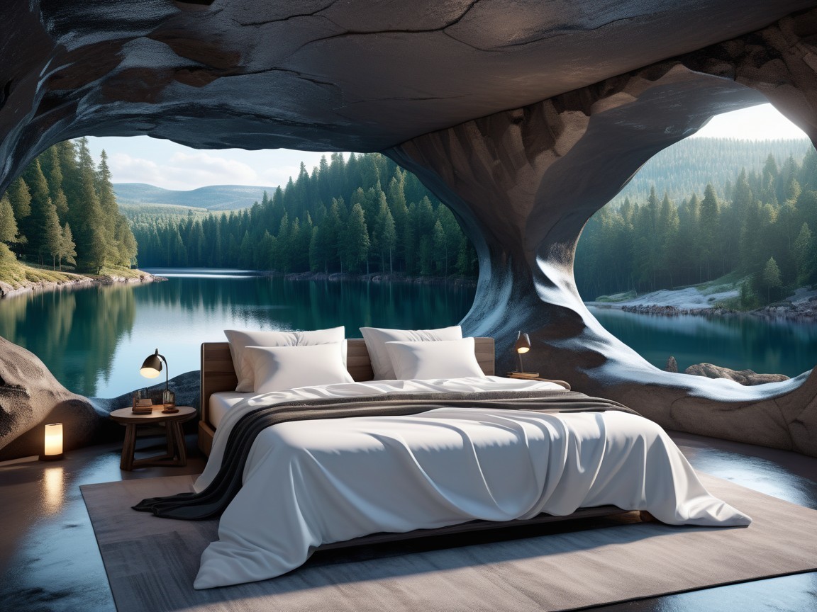Serene Bedroom in a Natural Cave with Lake Views