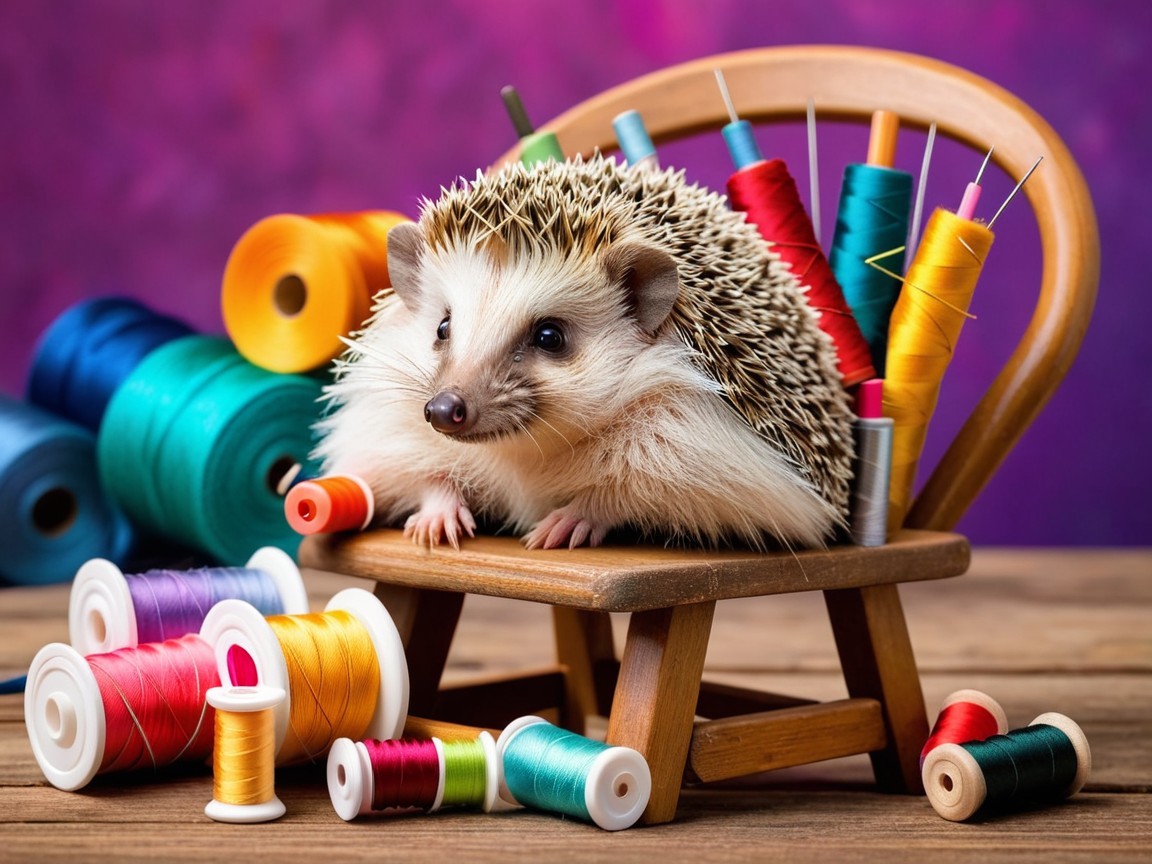 Hedgehog on Chair Surrounded by Colorful Threads