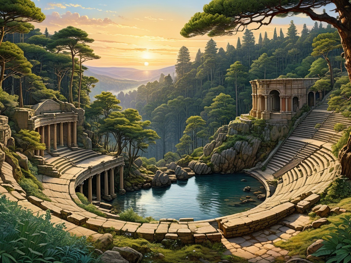 Ancient Ruins Surrounded by Lush Greenery and Mountains