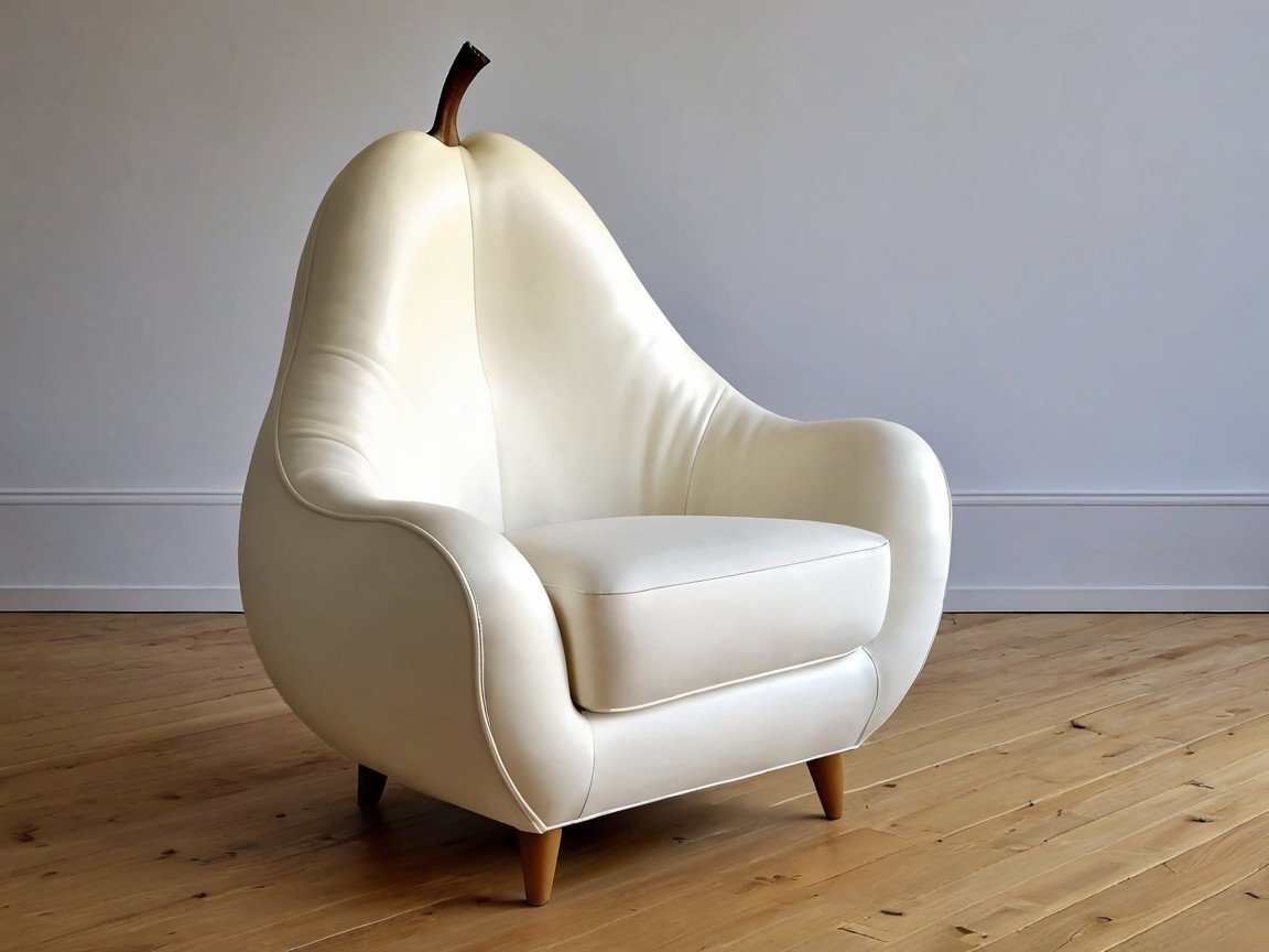 Pear-Shaped Armchair with White Upholstery and Wood Accent