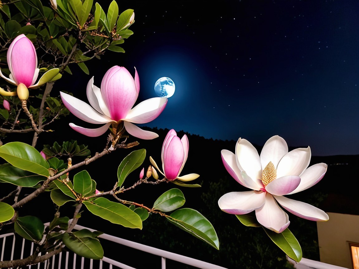 Vibrant Magnolia Flowers Under a Full Moon Night Sky