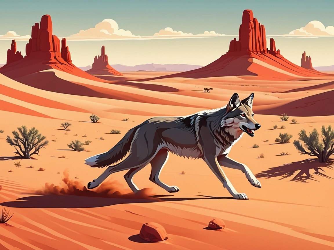 Coyote in a Desert Landscape with Red Rocks and Sky