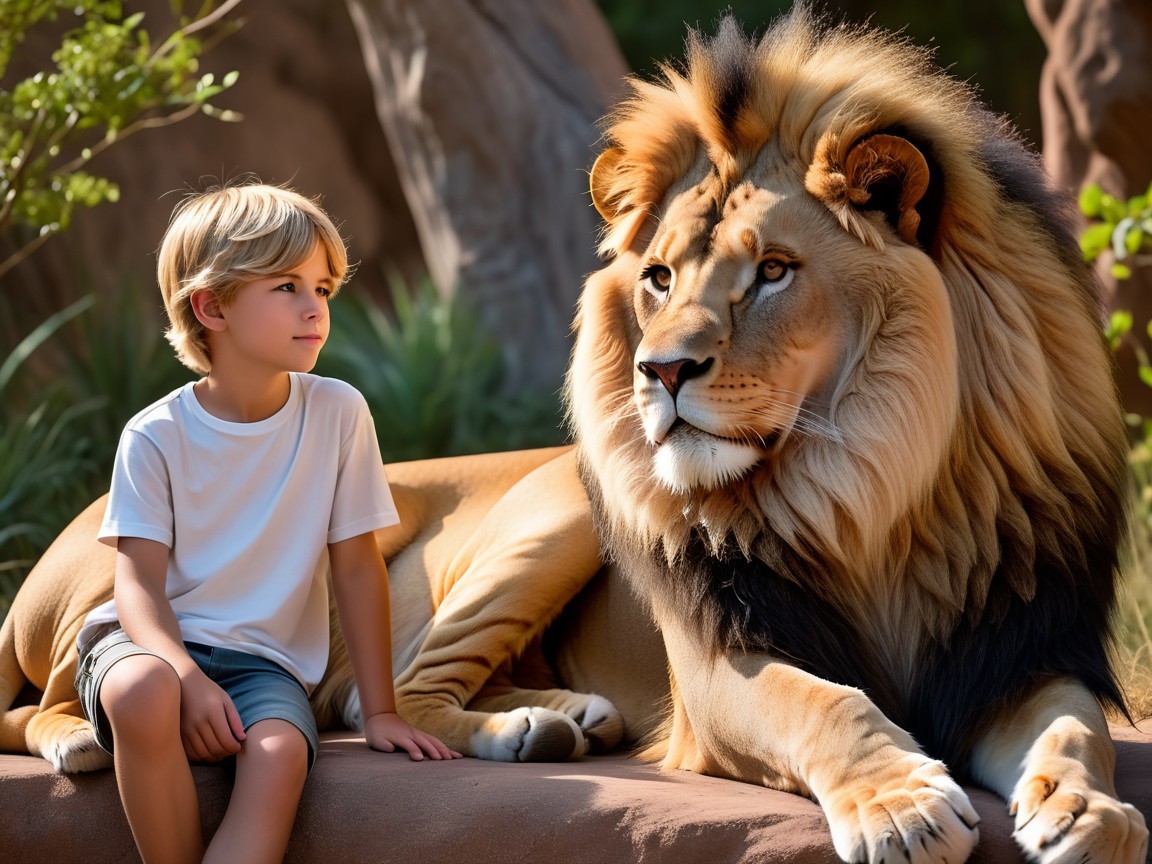 Young boy and lion in a natural outdoor setting