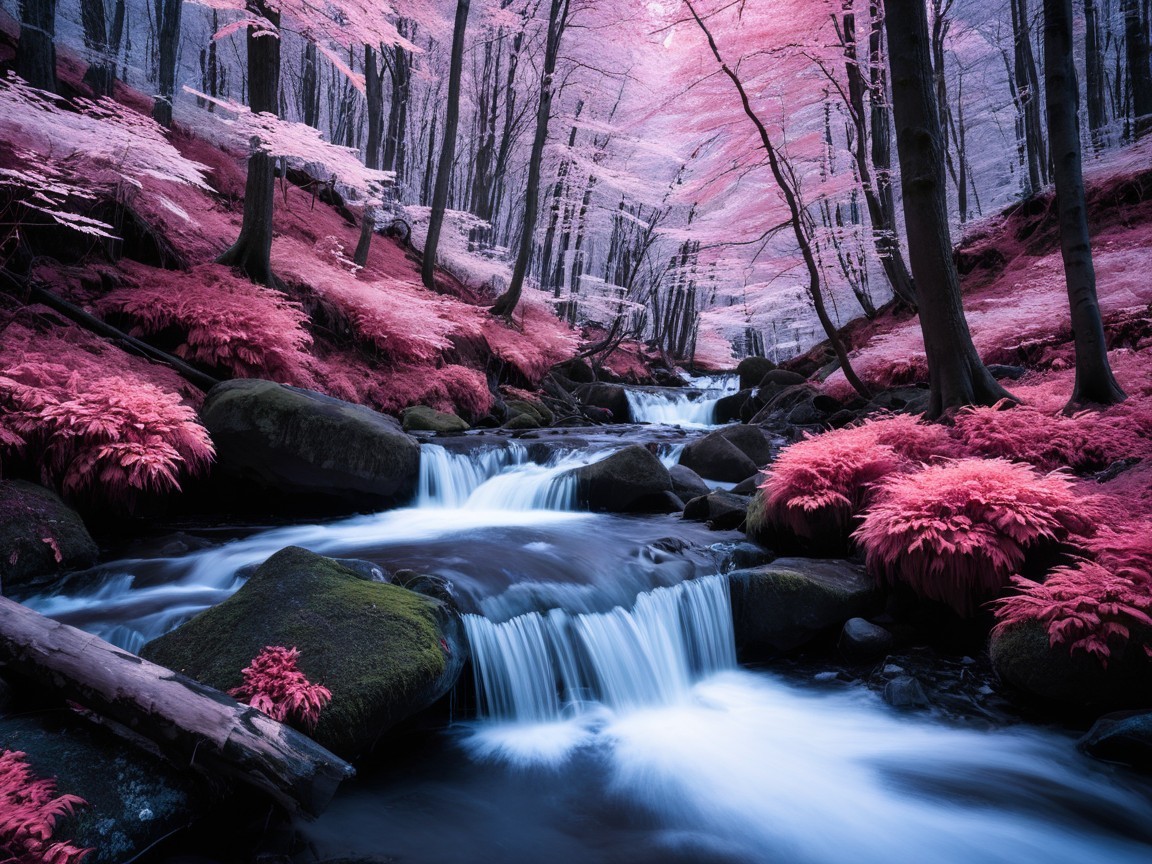 Tranquil Forest Scene with Gentle Stream and Pink Leaves