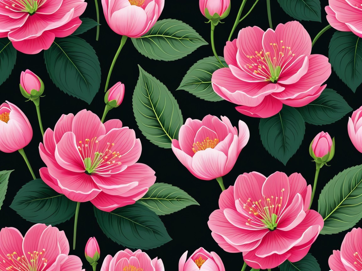 Vibrant Floral Pattern with Pink Flowers and Green Leaves