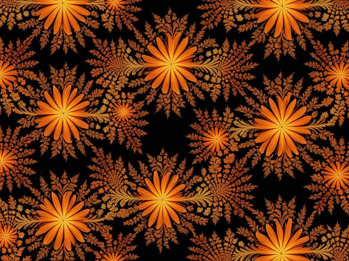 Large Orange Fractal Flowers on Black Background Pattern
