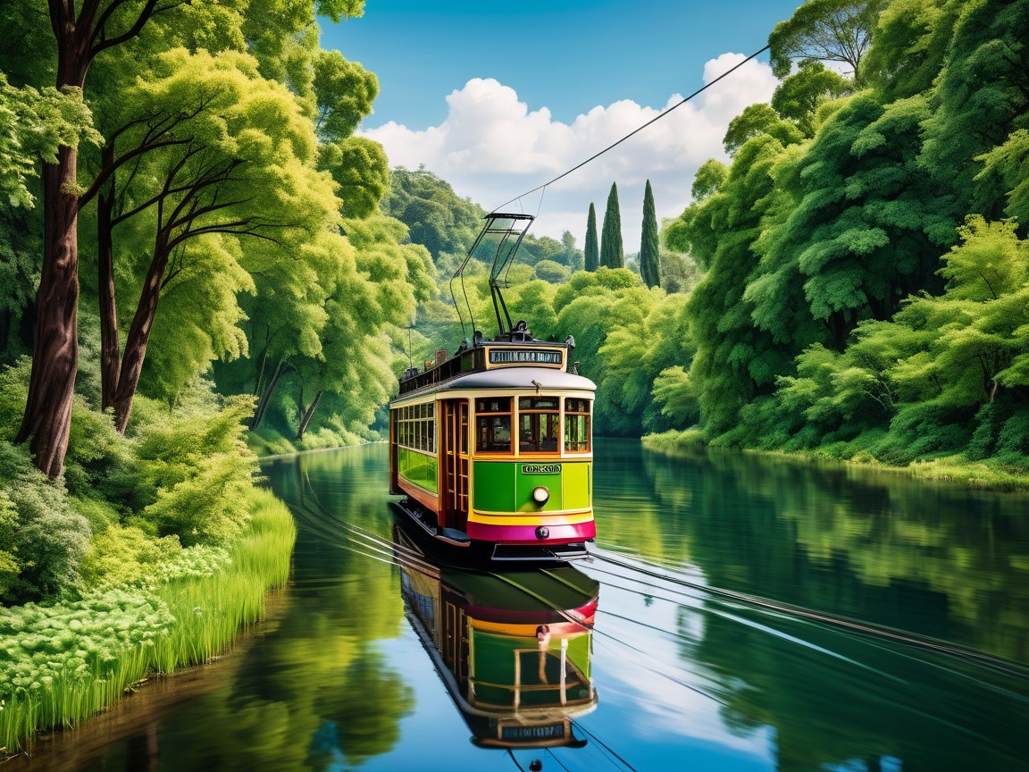 Colorful Vintage Tram by Serene River and Greenery