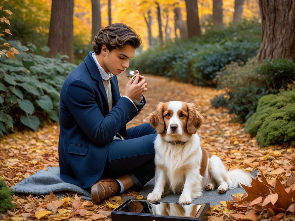 Young Man in Suit with Dog in Autumn Forest Setting