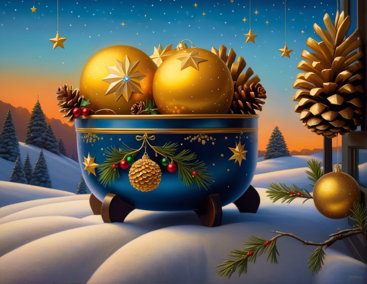 Christmas Decorations with Blue Bowl and Golden Ornaments
