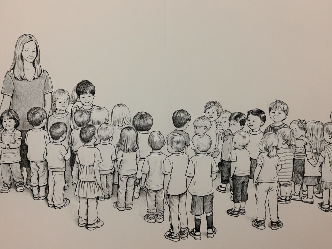 Black and white sketch of a teacher with children