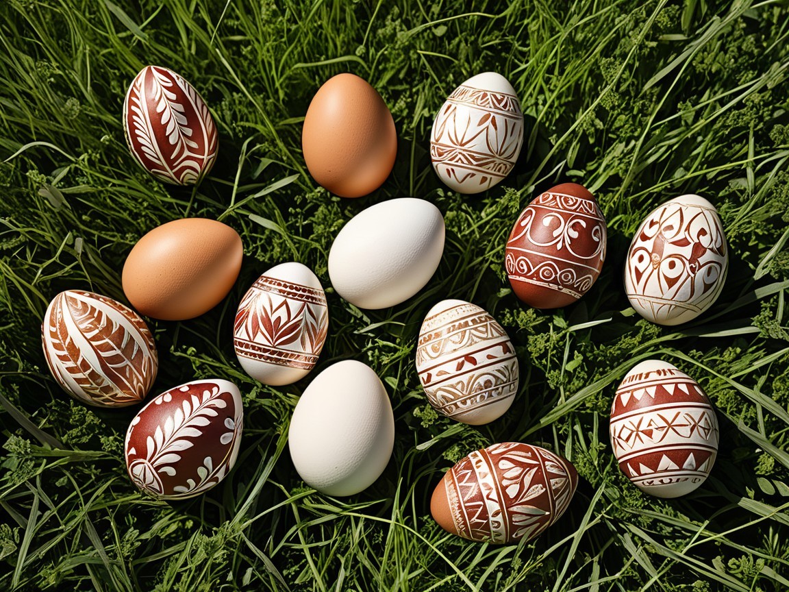 Decorated Eggs on Green Grass with Intricate Designs
