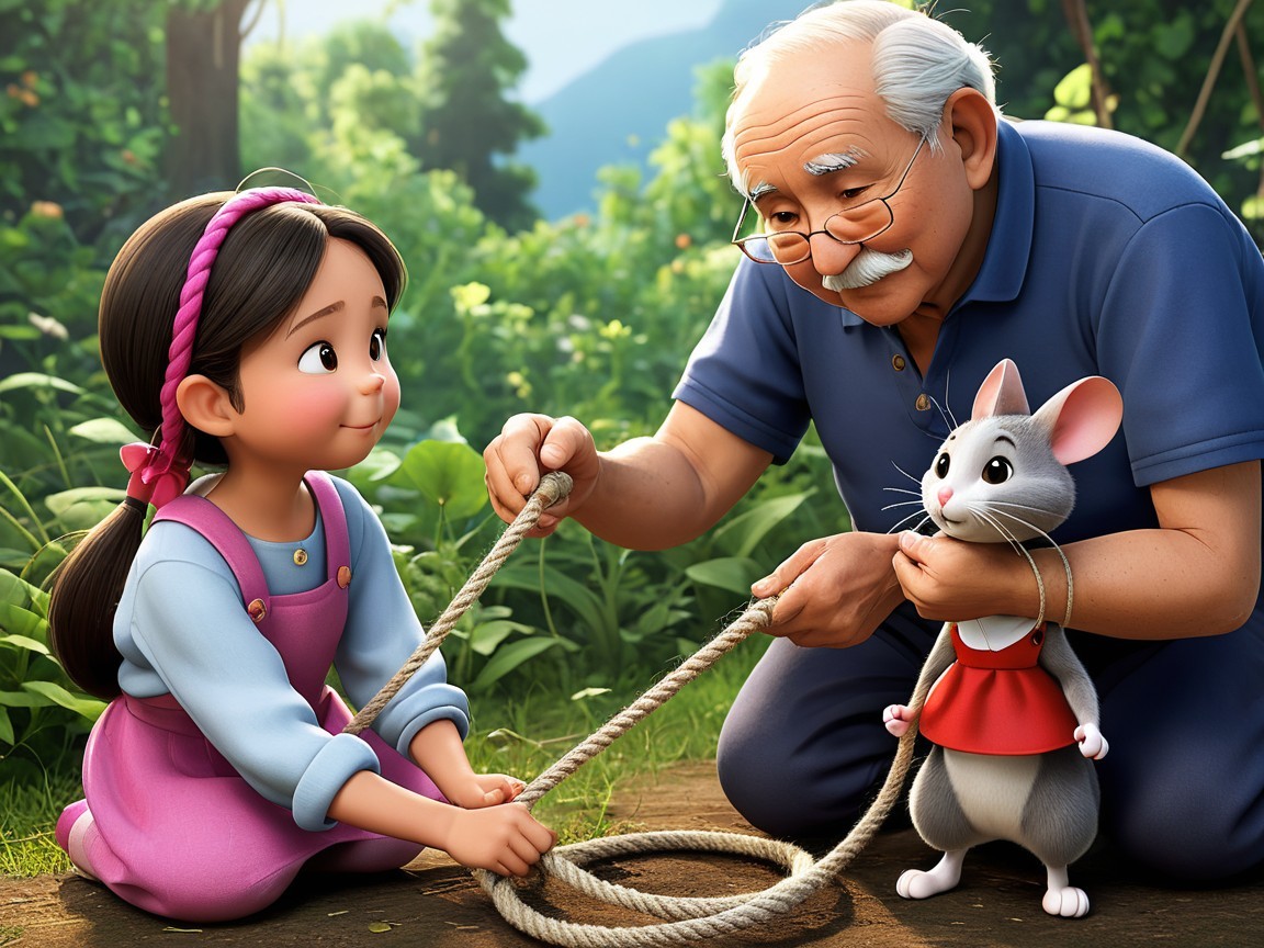 Anime Grandfather Teaching Granddaughter to Tie Rope