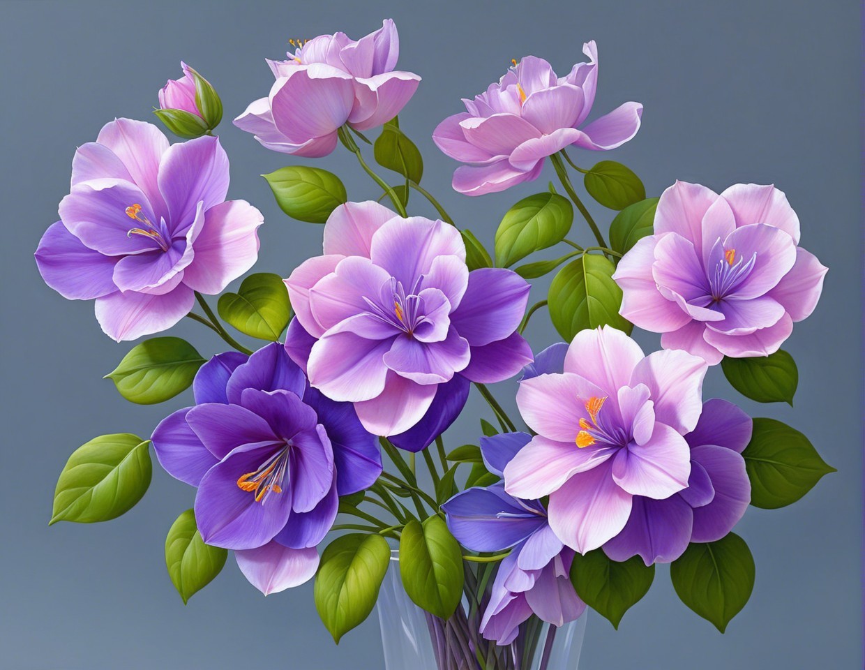 Purple Flower Bouquet in Glass Vase on Gray Background