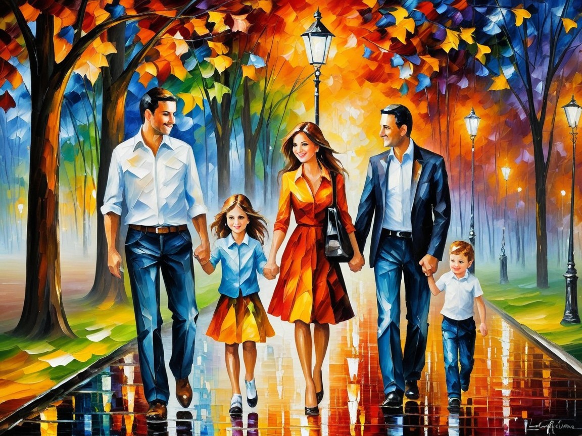 Family Strolling in Colorful Autumn Park Scene