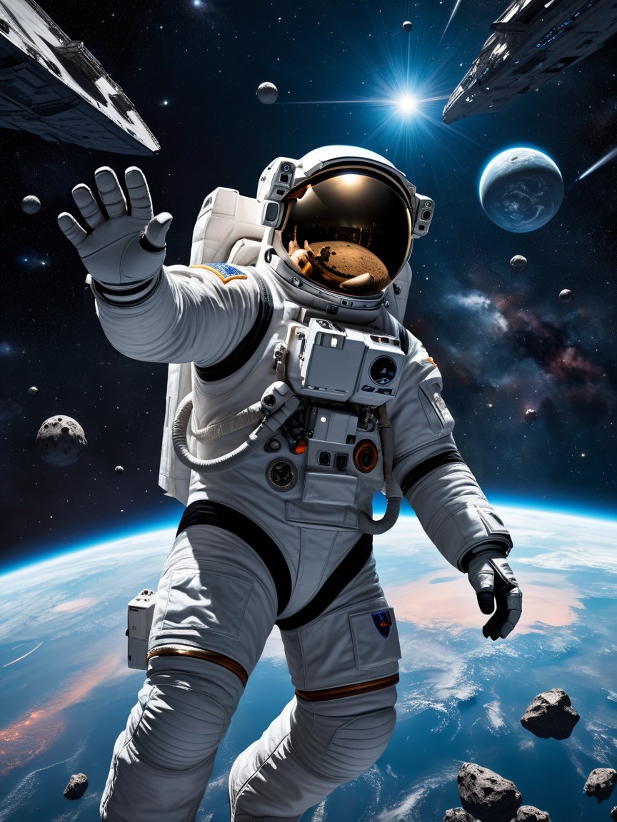 Astronaut in Space Surrounded by Stars and Asteroids