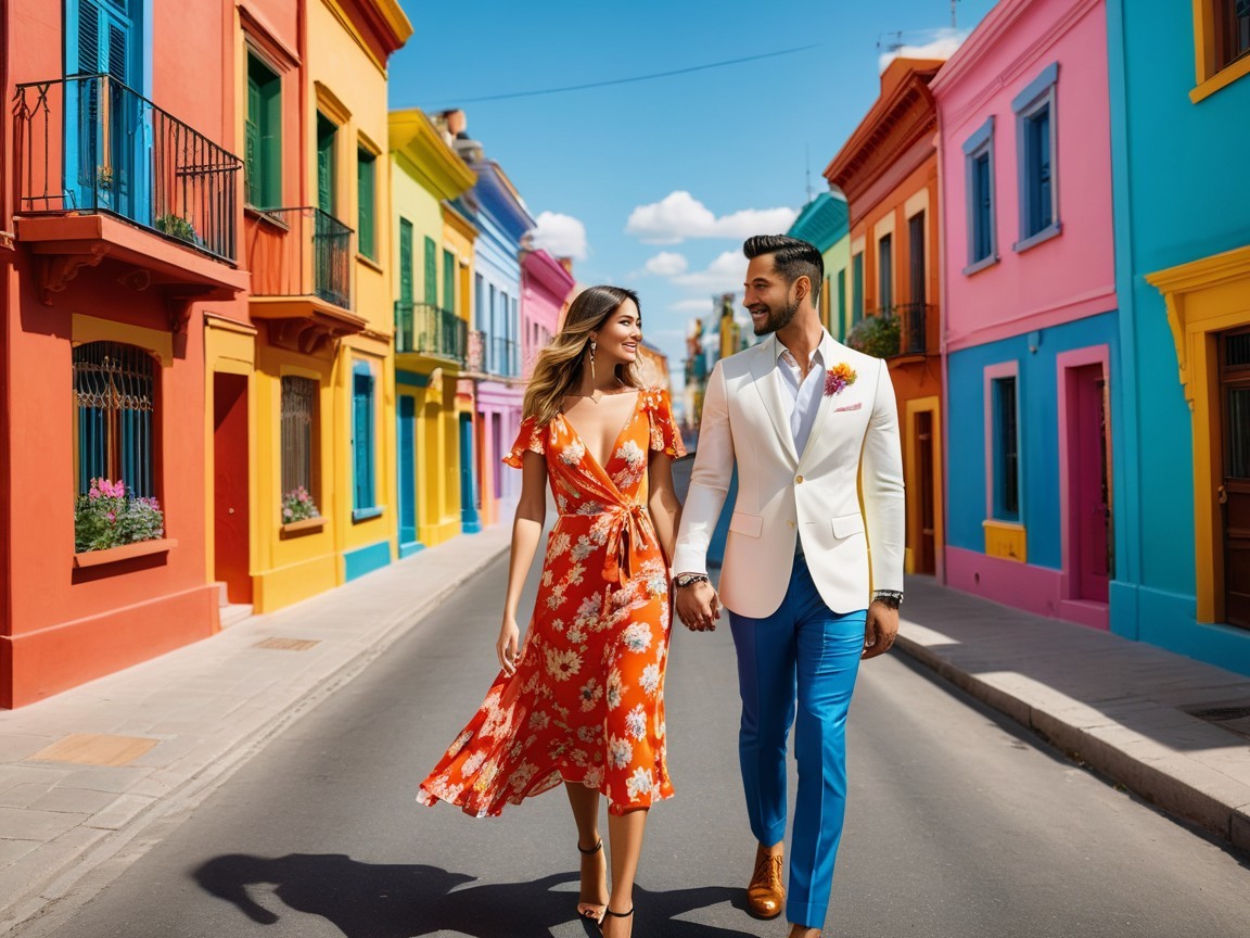 Vibrant Street Scene with Colorful Buildings and Couple