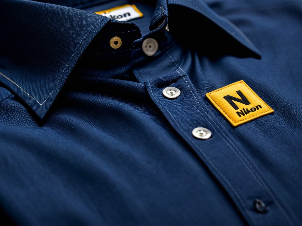 Navy Blue Button-Up Shirt with Nikon Branding Details