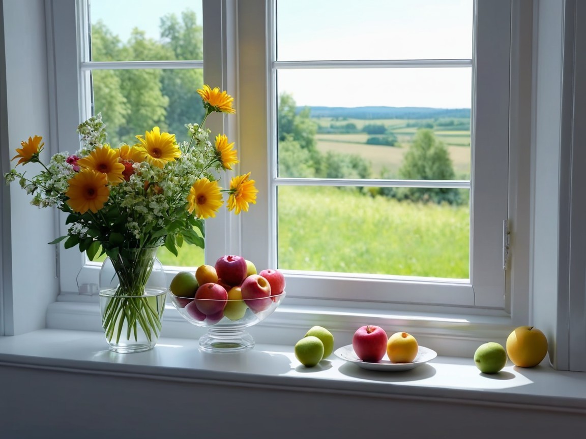 Window View of Green Landscape with Daisies and Apples