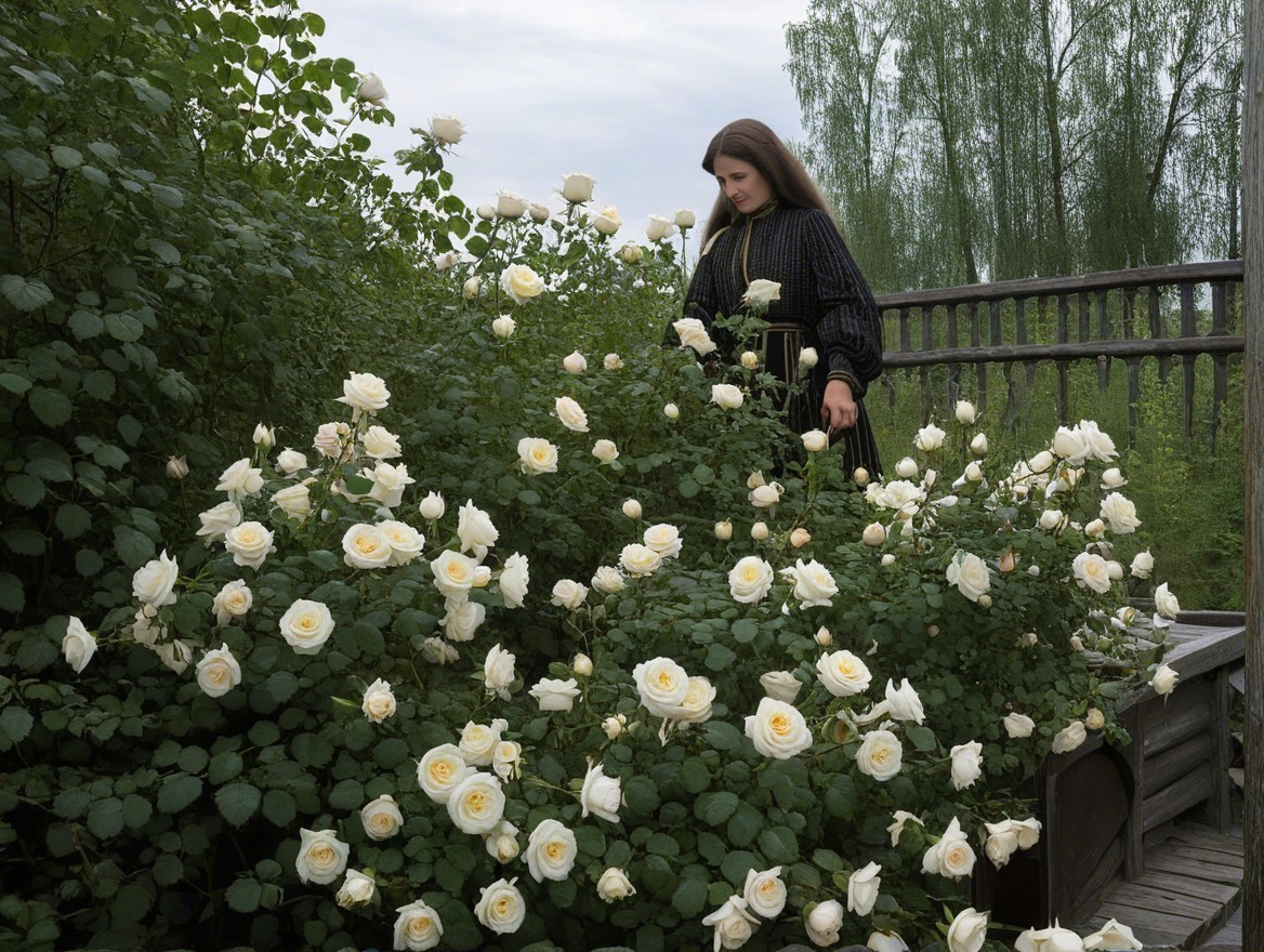 Young woman in a garden of white roses and greenery