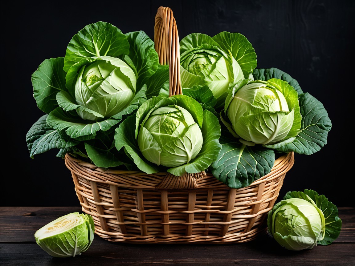 Wicker Basket with Fresh Green Cabbages Displayed