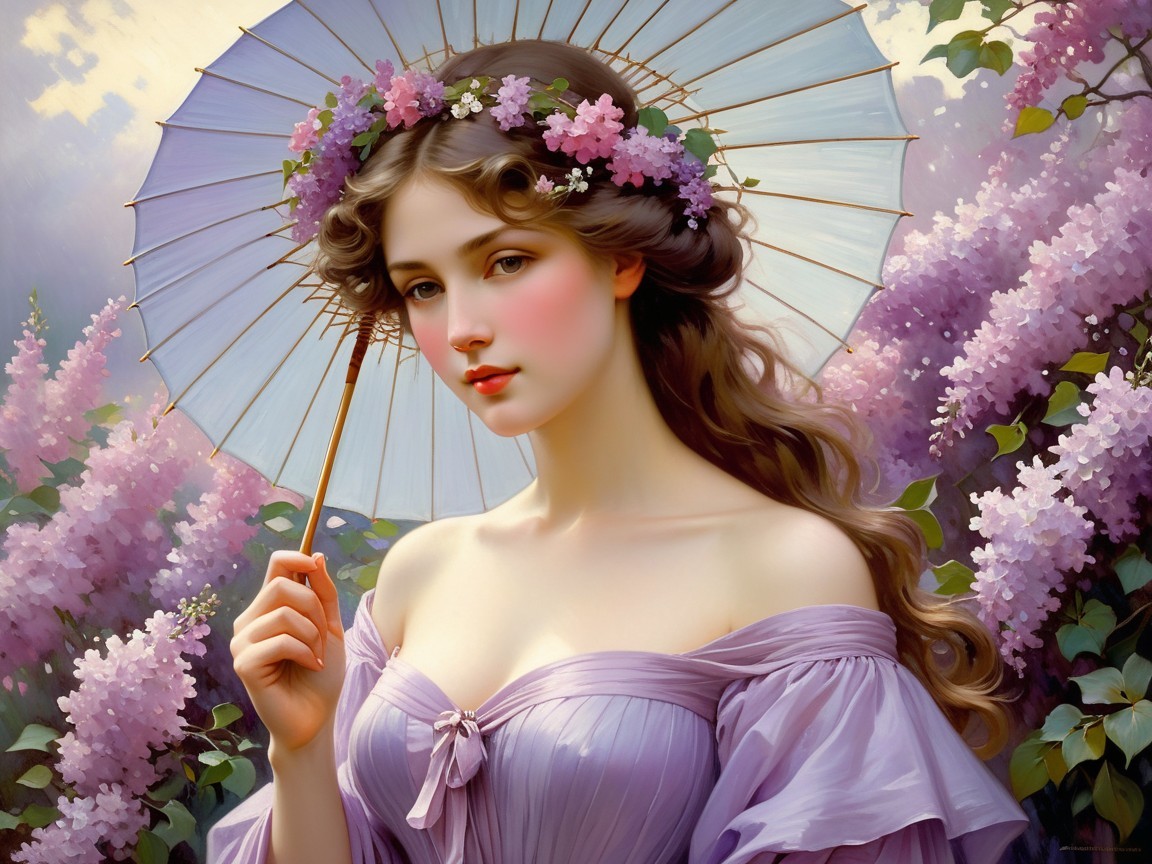 Young woman in lavender dress with floral crown and parasol
