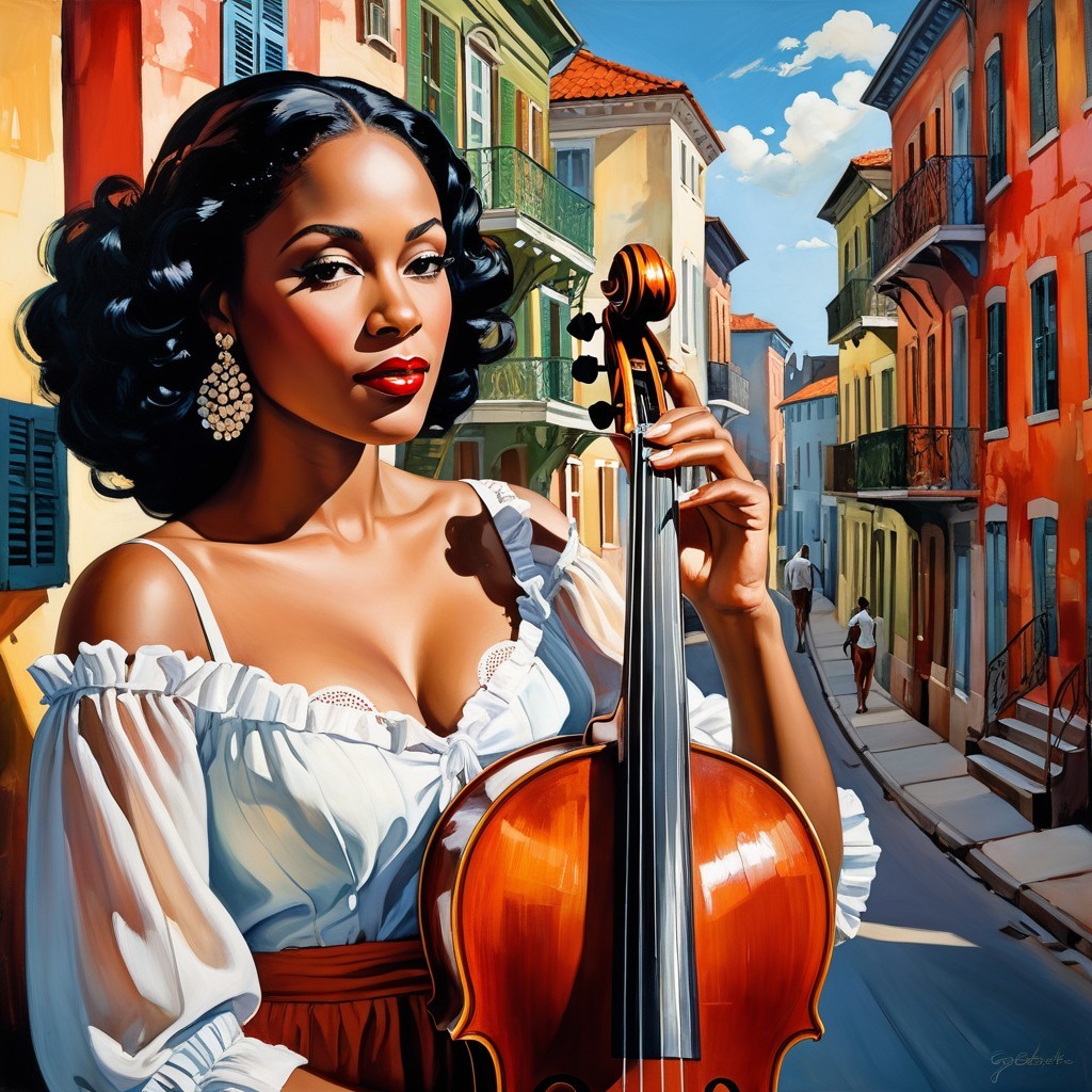Confident Woman with Violin in Vibrant Street Scene