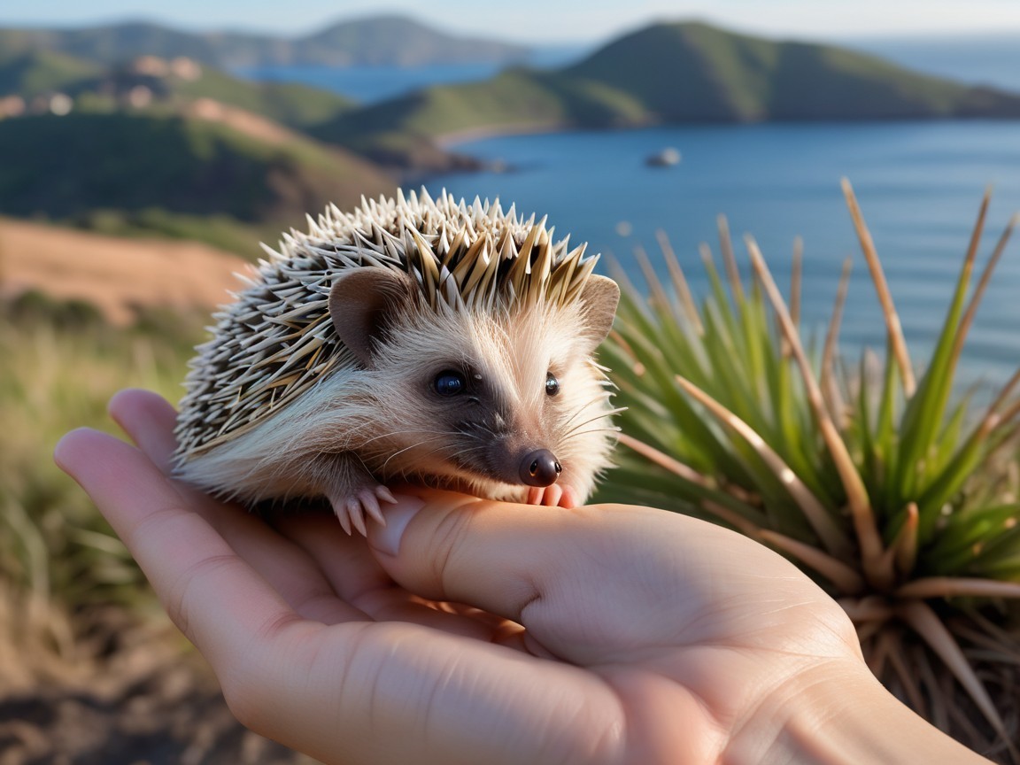 Hedgehog in Hand with Scenic Hills and Blue Sea