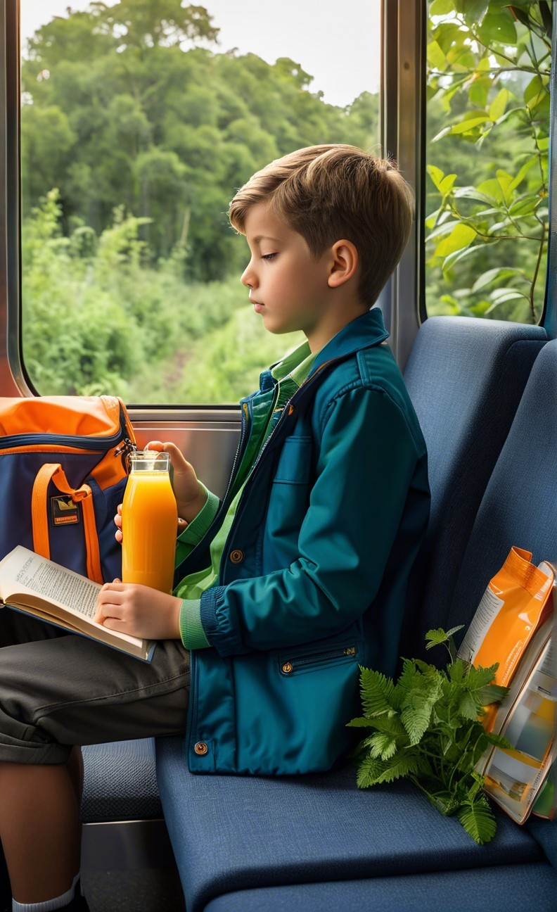 Young Boy Reading on Train with Greenery Outside