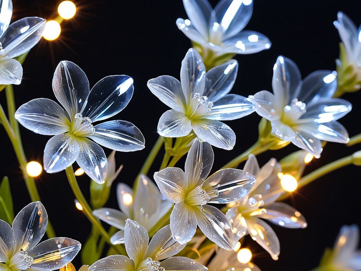 Translucent flowers with shimmering petals on dark background