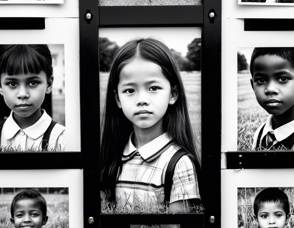 Black-and-white portrait of children with unique features