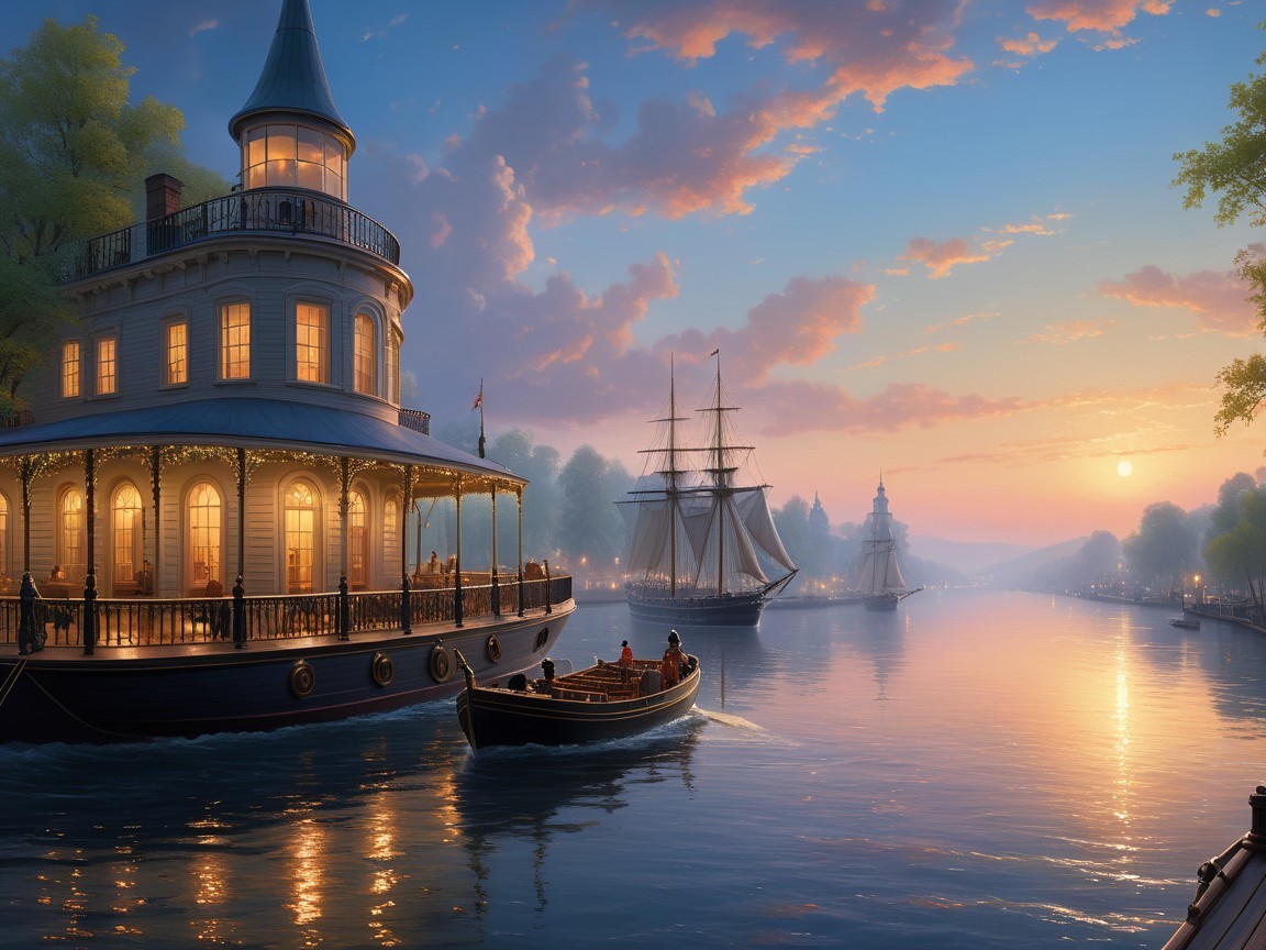 Vibrant Pastel Harbor with Steamboat and Sunset Reflections