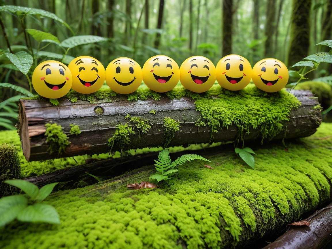 Smiley Face Balls on a Mossy Log in a Forest