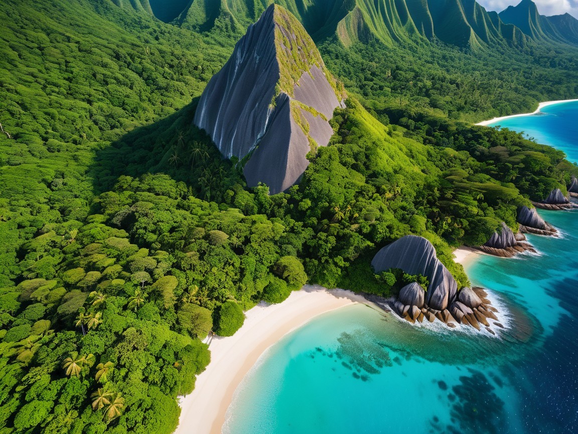 Aerial View of a Tropical Island with Beaches and Peaks