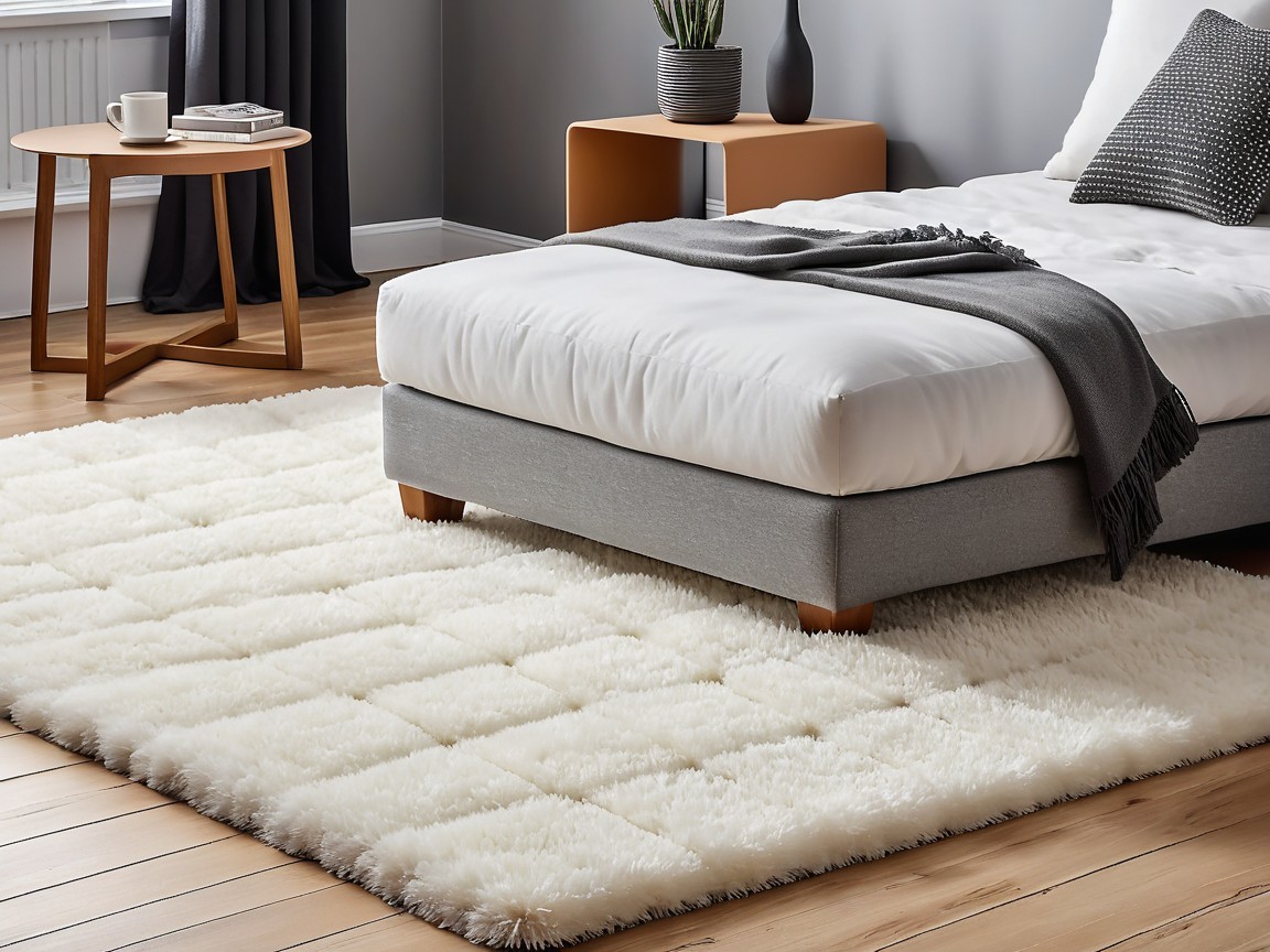 Cozy bedroom with light bed and plush rug details