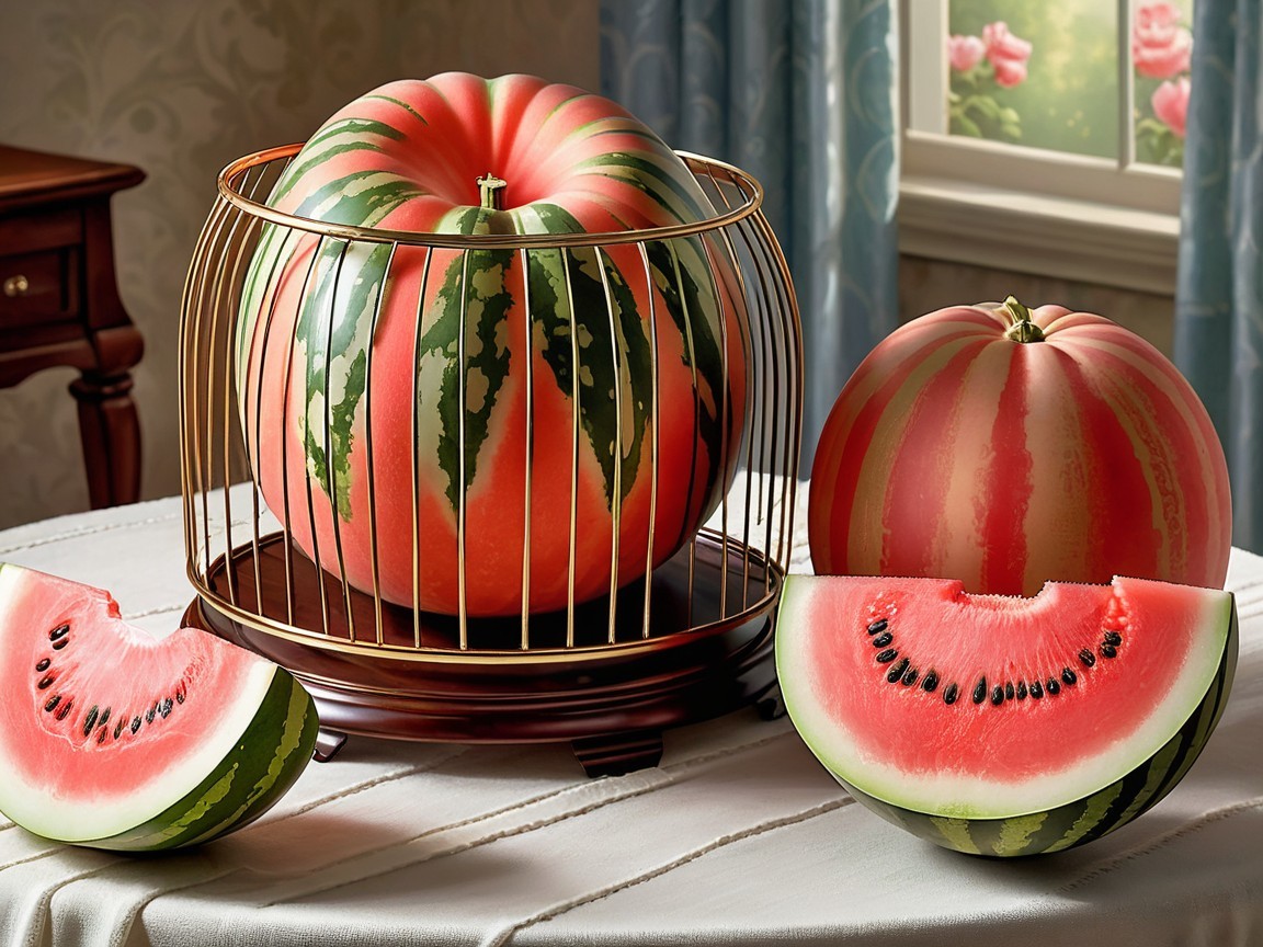 Watermelon Display in Gold Wire Cage with Slices