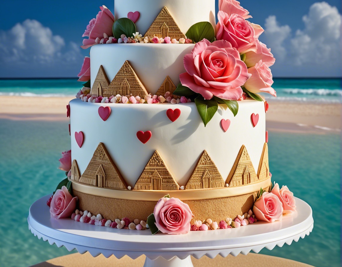 Multi-Tiered Cake with Golden Pyramids and Roses