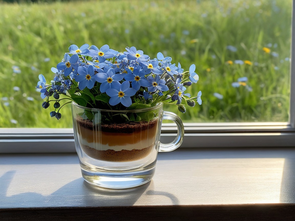 Glass Cup with Layered Dessert and Blue Flowers