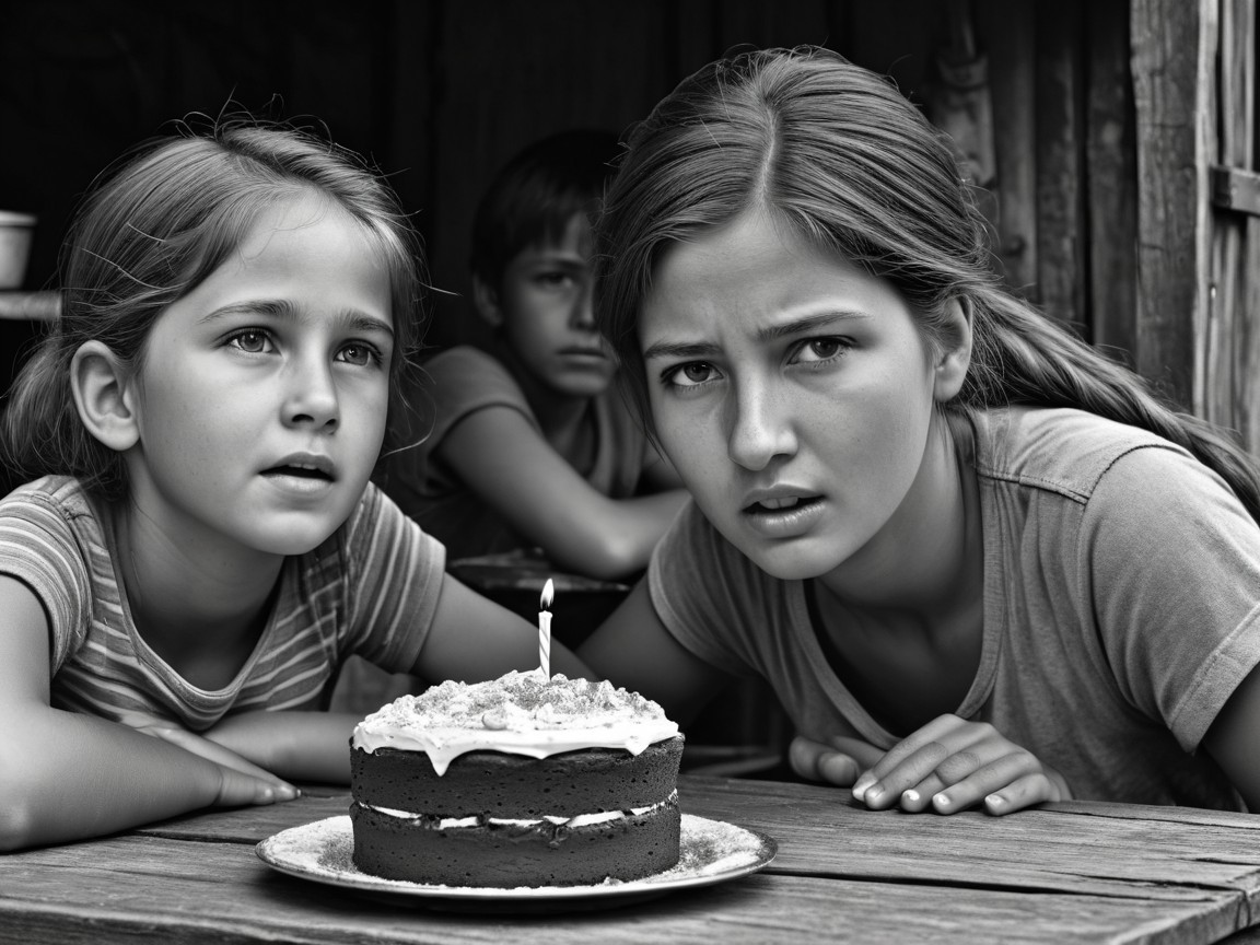 Close-up of Children Gazing at Chocolate Cake with Candle