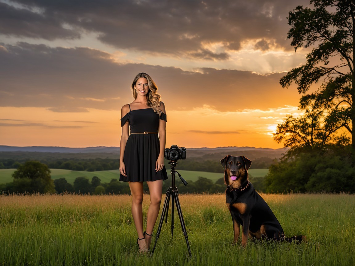 Woman in Black Dress with Rottweiler at Sunset