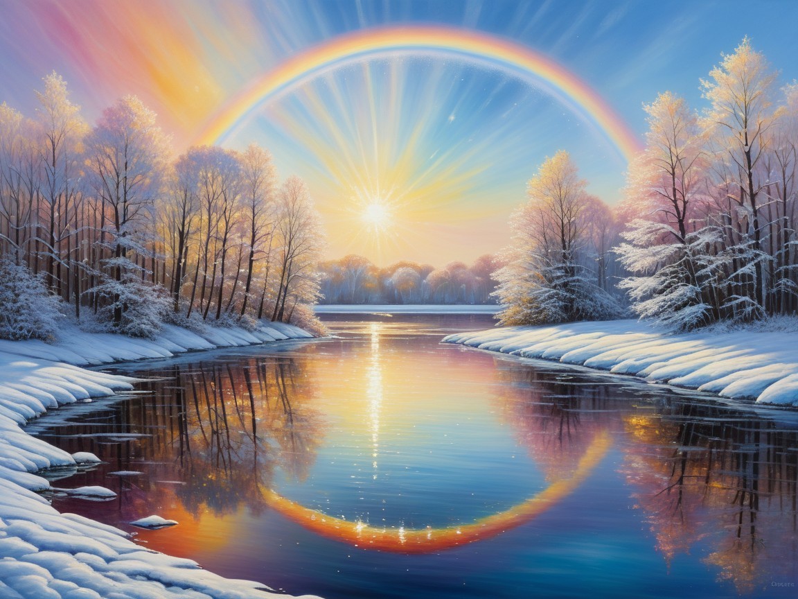 Serene Winter Landscape with Rainbow and Sunrise