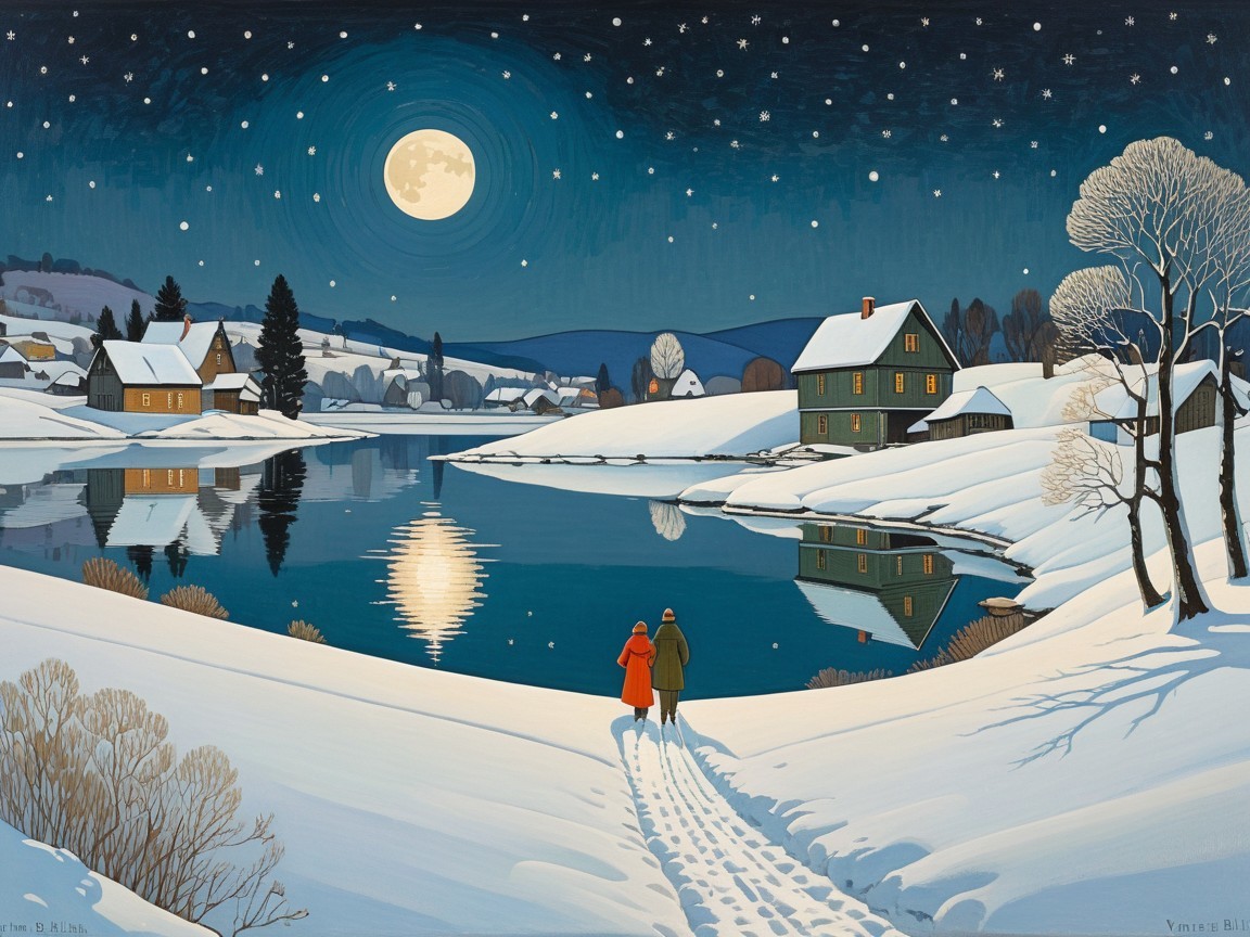 Winter Scene with Couple by Snowy Lake and Moonlight