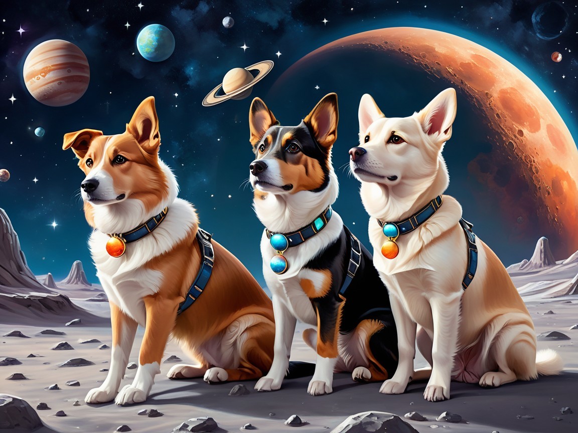 Corgis in Colorful Harnesses on an Alien Landscape