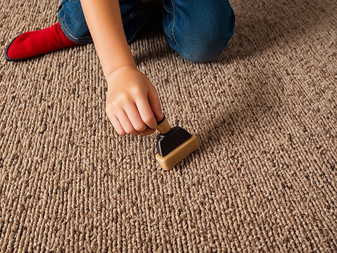 Child's Hand with Wooden Stamp on Textured Carpet