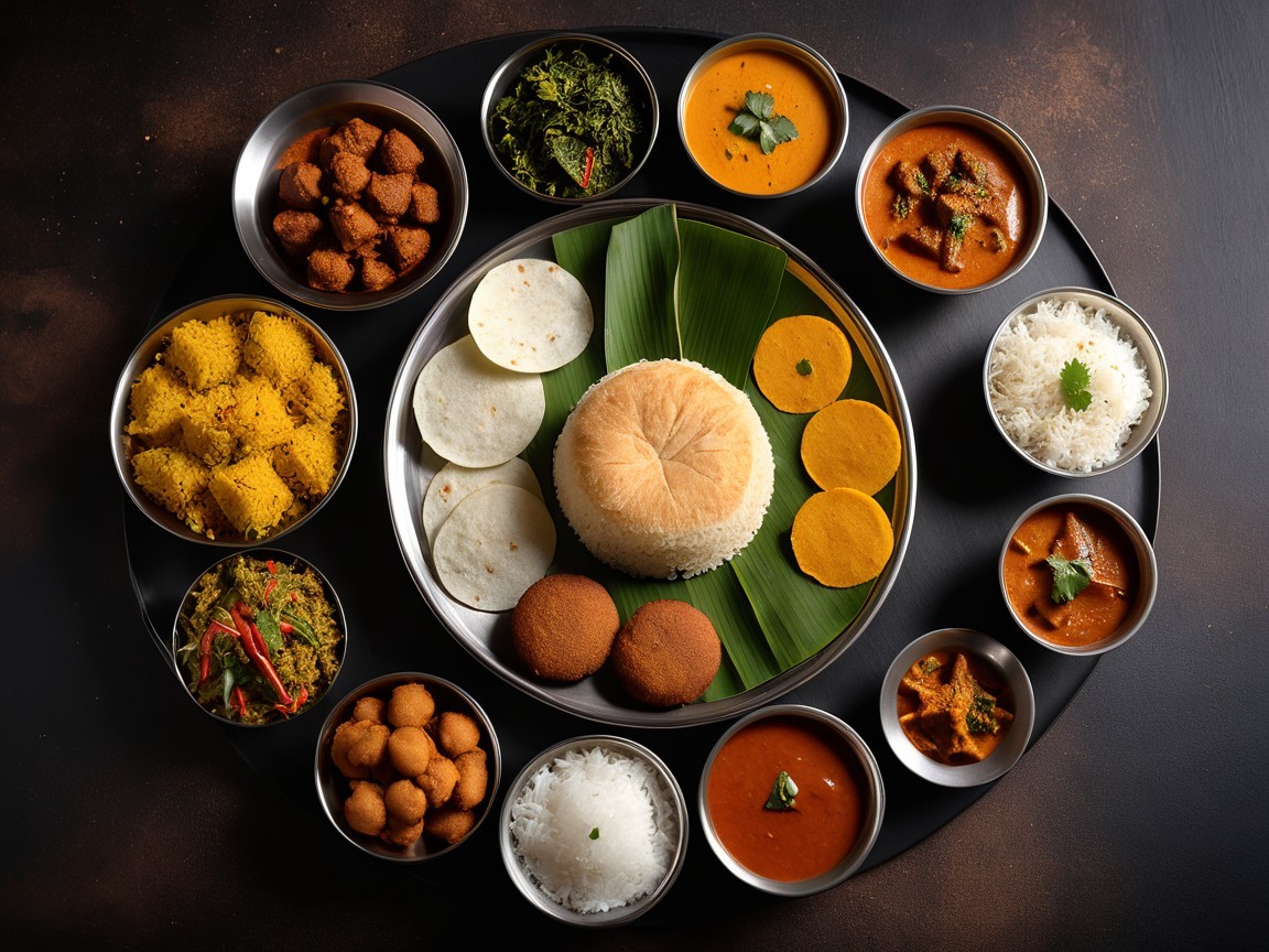 Elaborate Indian meal with rice and colorful curries