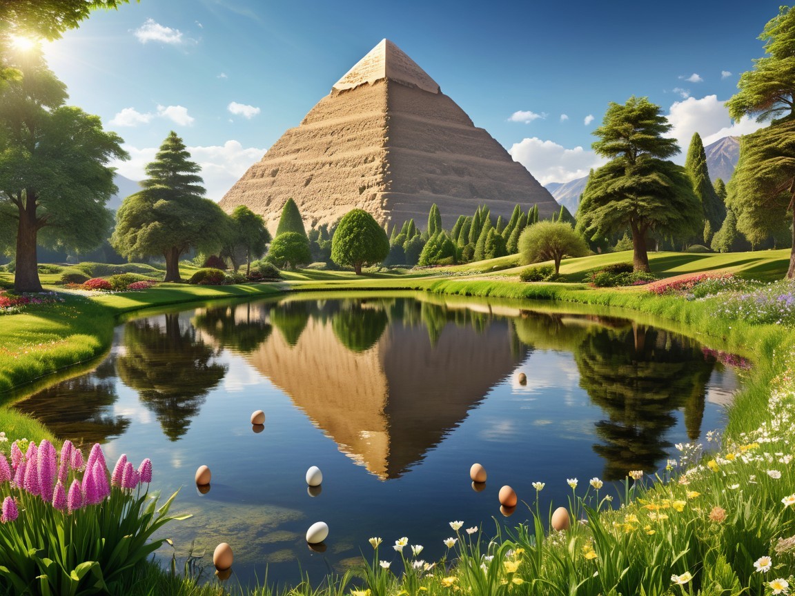 Serene Landscape with Pyramid and Reflective Pond