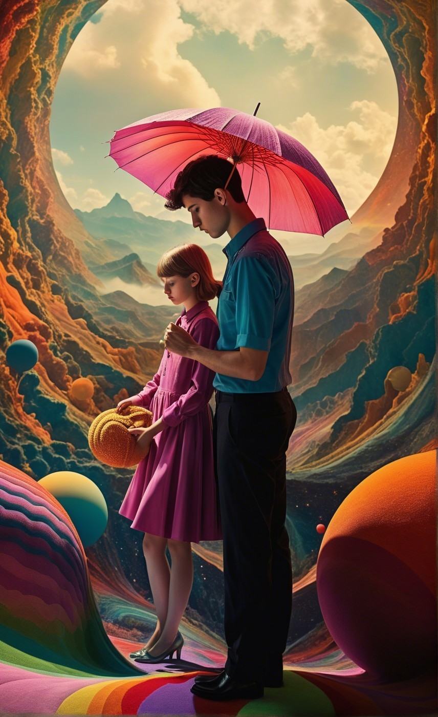 Vibrant Painting of Couple Under Pink Umbrella