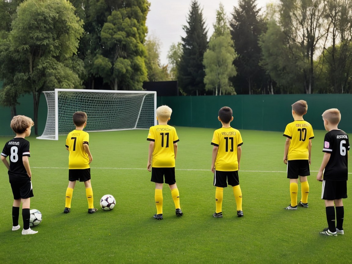 Young Boys in Soccer Uniforms on Green Field