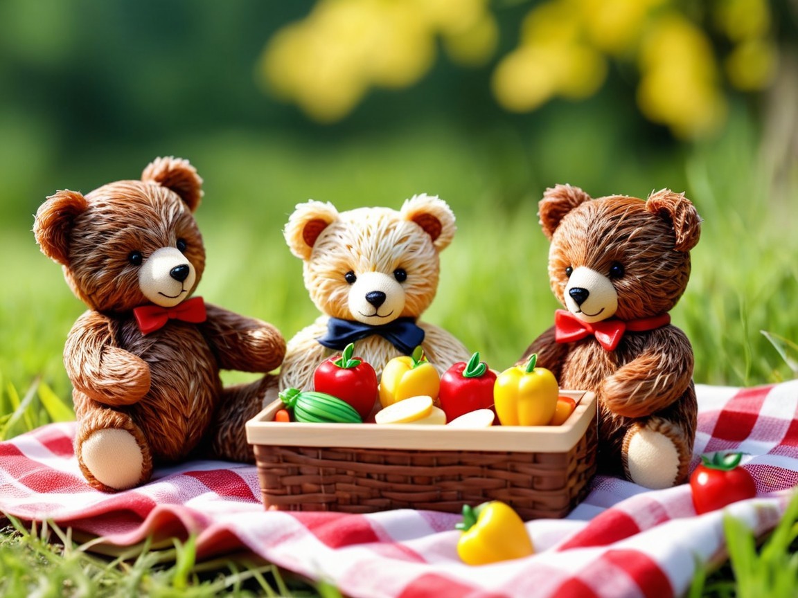 Teddy Bear Figurines on Picnic Blanket with Basket
